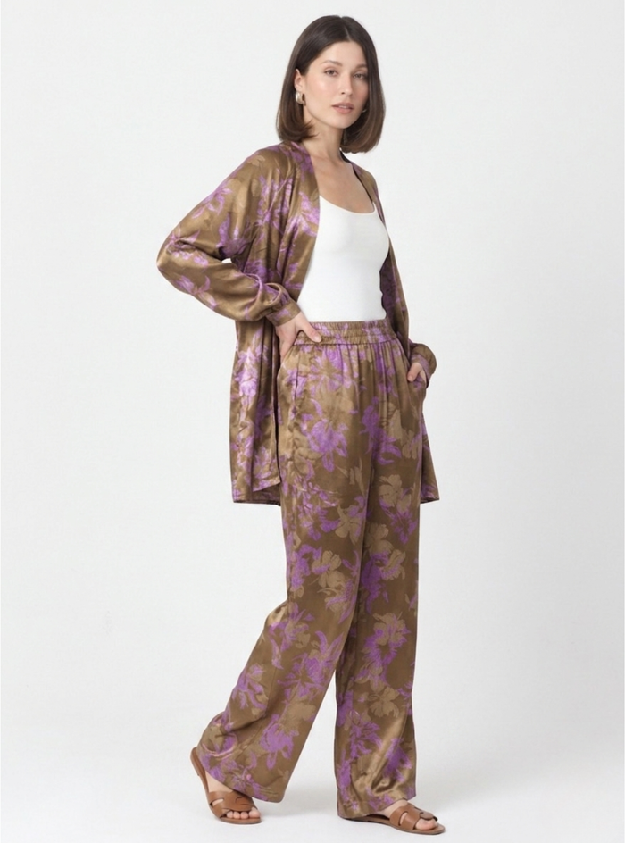 Pink Floral Print Kimono Set with Elastic Waist Pants - Store WF