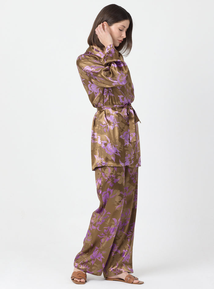 Pink Floral Print Kimono Set with Elastic Waist Pants - Store WF