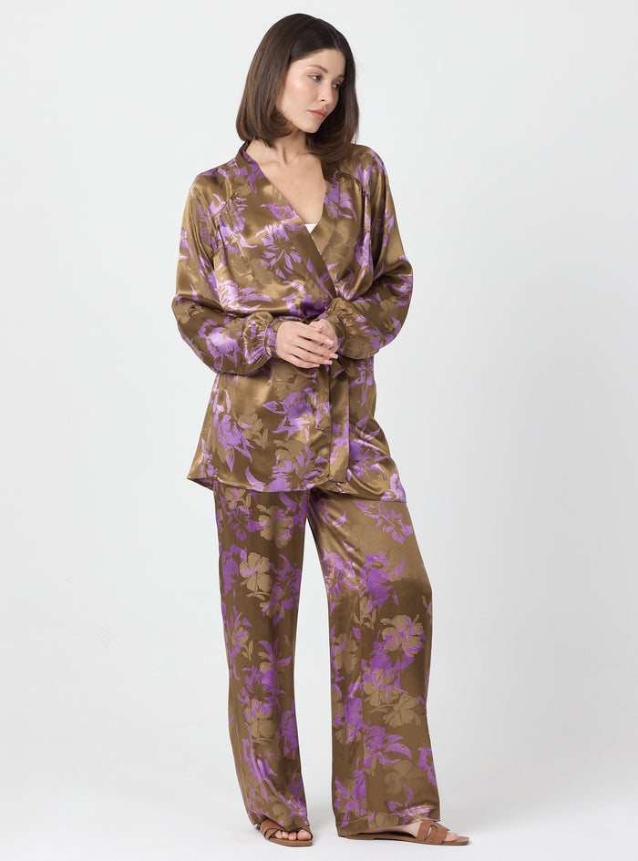 Pink Floral Print Kimono Set with Elastic Waist Pants - Store WF