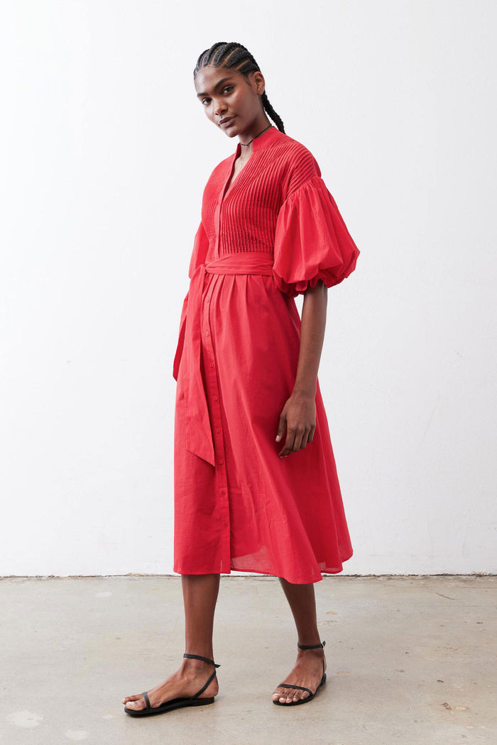 Crimson V-neck poplin midi dress with puff sleeves and draped tie at waist