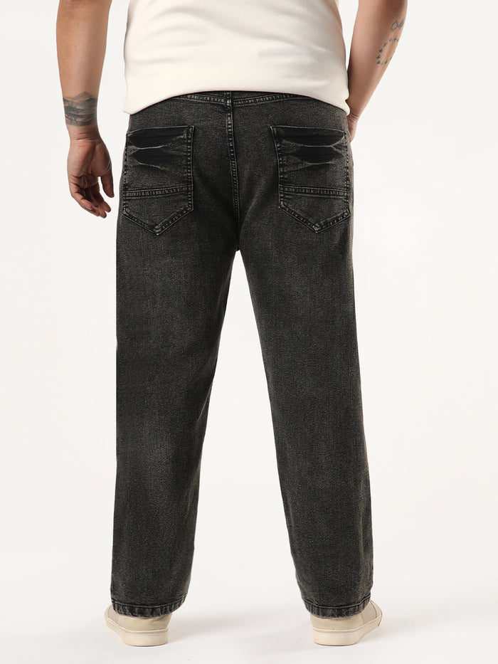 Plus Men's Black Regular Fit Acid Washed Denim Jeans Stretchable