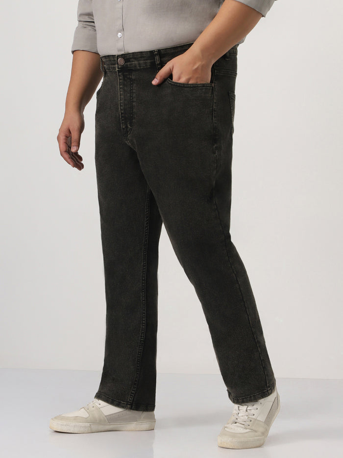 Plus Men's Black Straight Fit Heavy Washed Jeans Stretchable