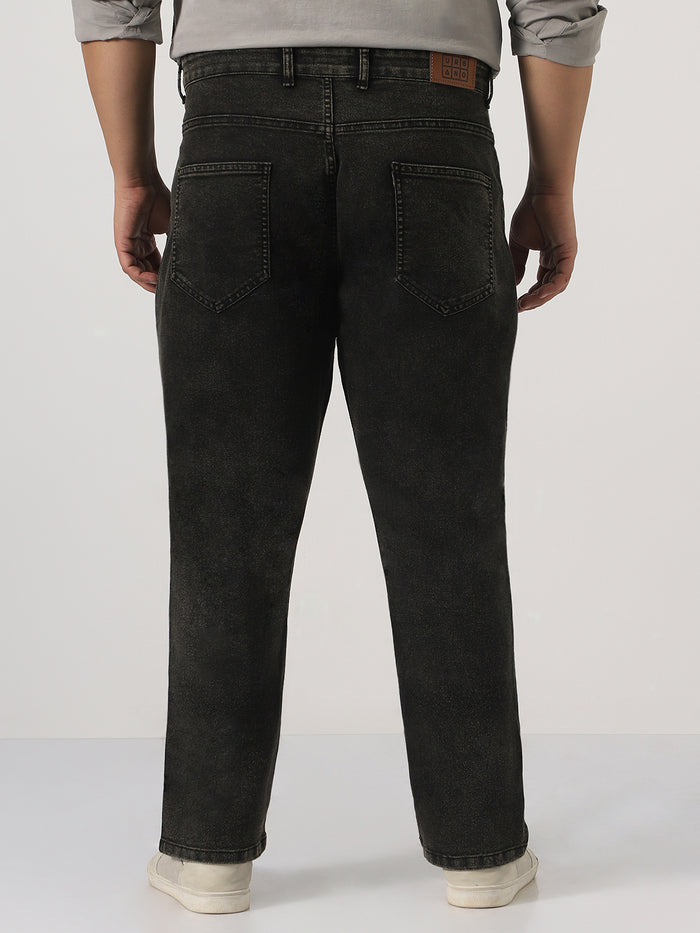 Plus Men's Black Straight Fit Heavy Washed Jeans Stretchable