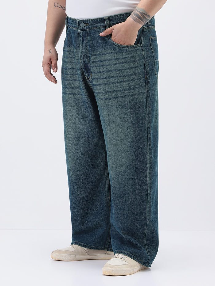 Plus Men's Blue Loose Baggy Fit Heavy Washed Jeans Non-Stretchable