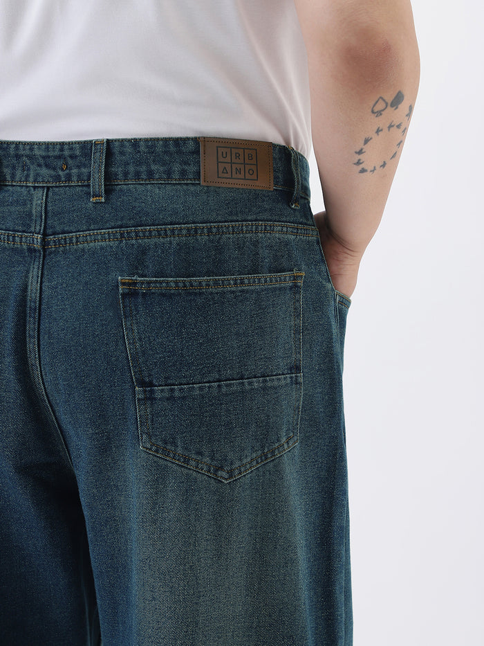Plus Men's Blue Loose Baggy Fit Heavy Washed Jeans Non-Stretchable