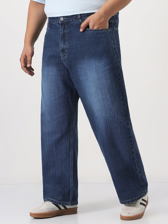 Plus Men's Blue Loose Baggy Fit Washed Denim Jeans Non-Stretchable
