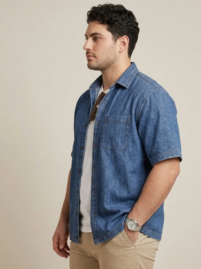 Plus Men's Blue Oversized Fit Half Sleeve Solid Casual Denim Shirt