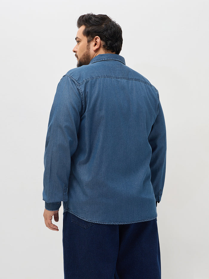 Plus Men's Blue Regular Fit Full Sleeve Solid Denim Shirt