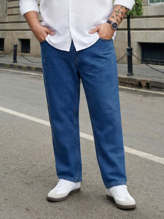 Plus Men's Blue Relaxed Fit Washed Denim Jeans Non-Stretchable