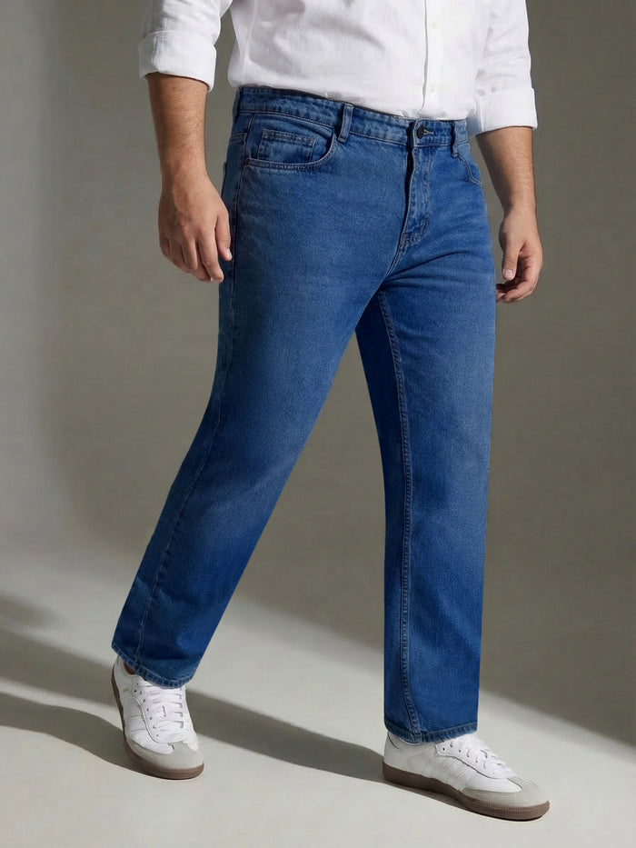 Plus Men's Blue Relaxed Fit Washed Denim Jeans Non-Stretchable