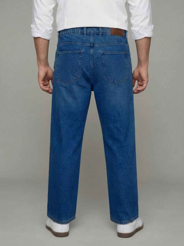 Plus Men's Blue Relaxed Fit Washed Denim Jeans Non-Stretchable