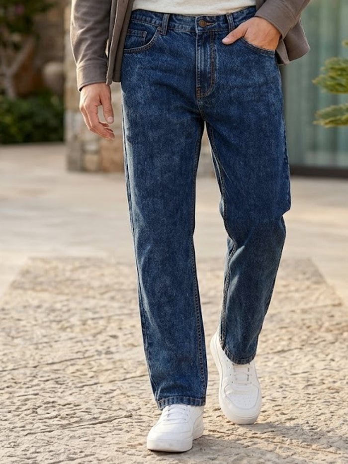 Plus Men's Dark Blue Regular Fit Washed Jeans Stretchable
