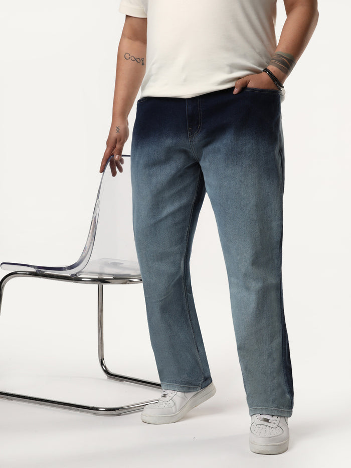 Plus Men's Dark Blue Straight Fit Heavy Washed Faded Denim Jeans Stretchable