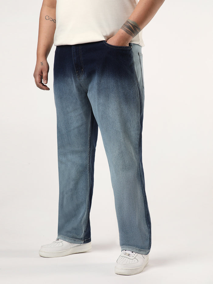 Plus Men's Dark Blue Straight Fit Heavy Washed Faded Denim Jeans Stretchable