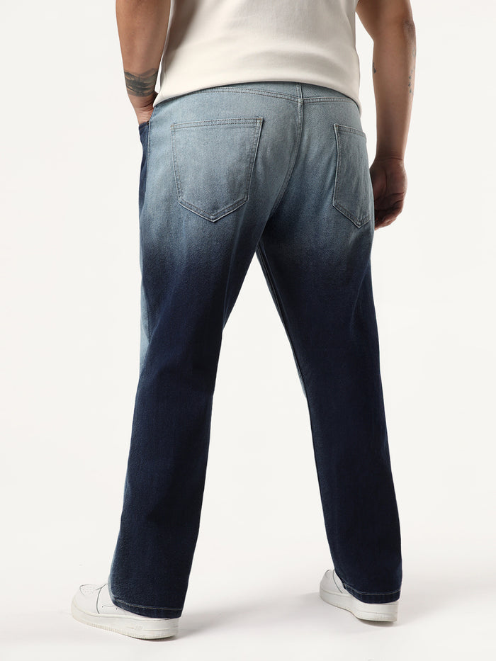 Plus Men's Dark Blue Straight Fit Heavy Washed Faded Denim Jeans Stretchable