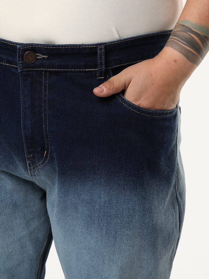 Plus Men's Dark Blue Straight Fit Heavy Washed Faded Denim Jeans Stretchable