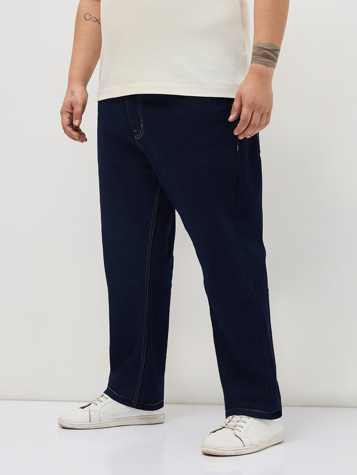 Plus Men's Dark Blue Straight Fit Raw Washed Denim Jeans Stretchable