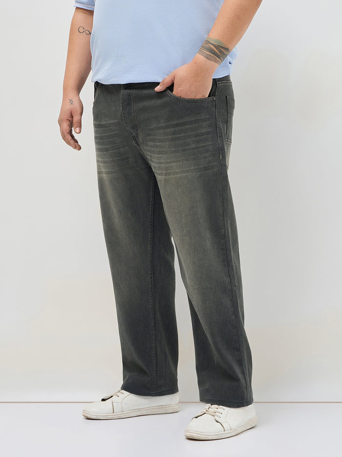 Plus Men's Dark Grey Regular Fit Whisker Washed Yellow Tint Denim Jeans Stretchable