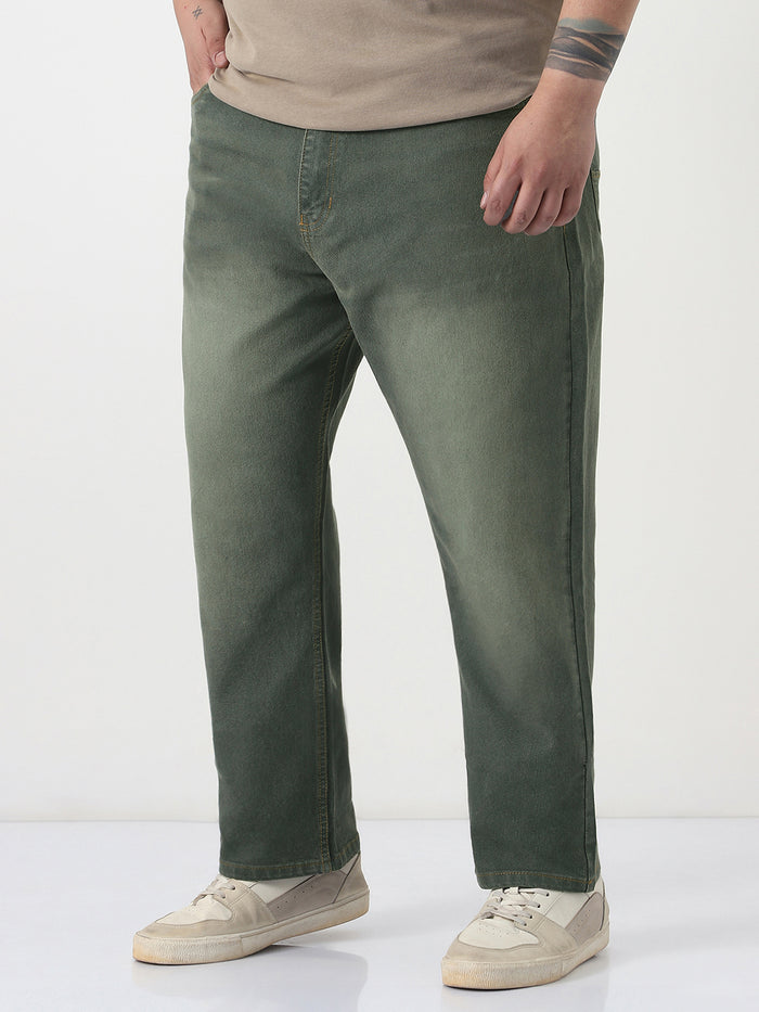 Plus Men's Dark Grey Straight Fit Heavy Washed Jeans Stretchable