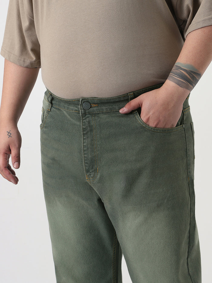Plus Men's Dark Grey Straight Fit Heavy Washed Jeans Stretchable