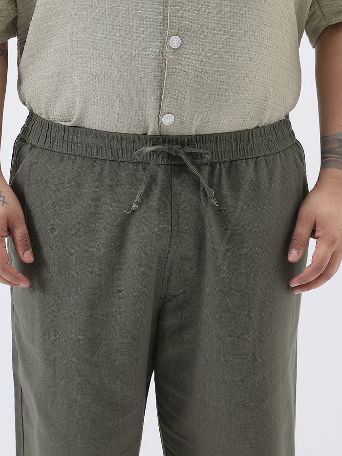 Plus Men's Dusty Grey Loose Fit Solid Linen Blend Trousers Non-Stretchable