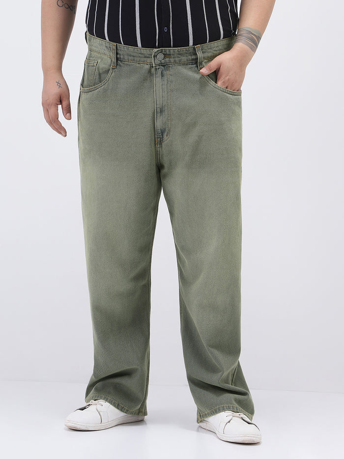 Plus Men's Grey Loose Baggy Fit Heavy Washed Jeans Non-Stretchable