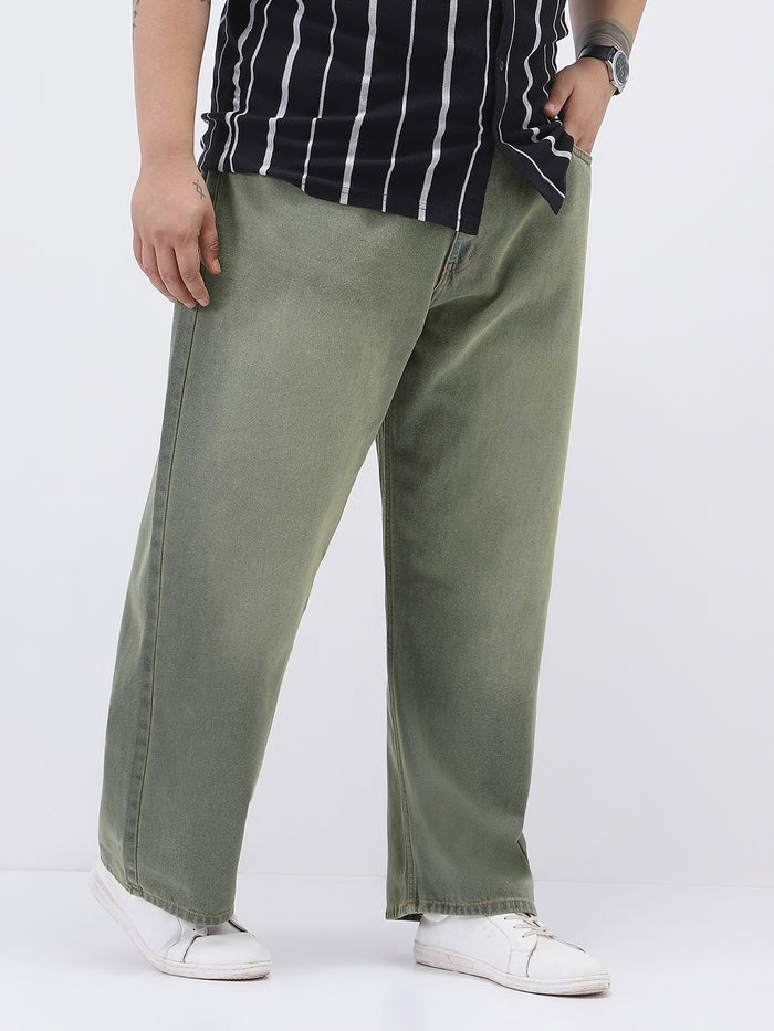 Plus Men's Grey Loose Baggy Fit Heavy Washed Jeans Non-Stretchable