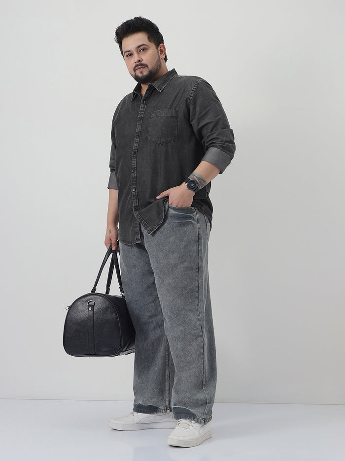 Plus Men's Grey Regular Fit Full Sleeve Washed Denim Shirt