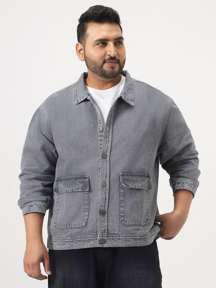 Plus Men's Grey Relaxed Fit Full Sleeve Utility Denim Jacket