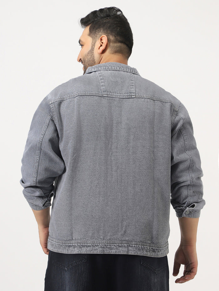 Plus Men's Grey Relaxed Fit Full Sleeve Utility Denim Jacket