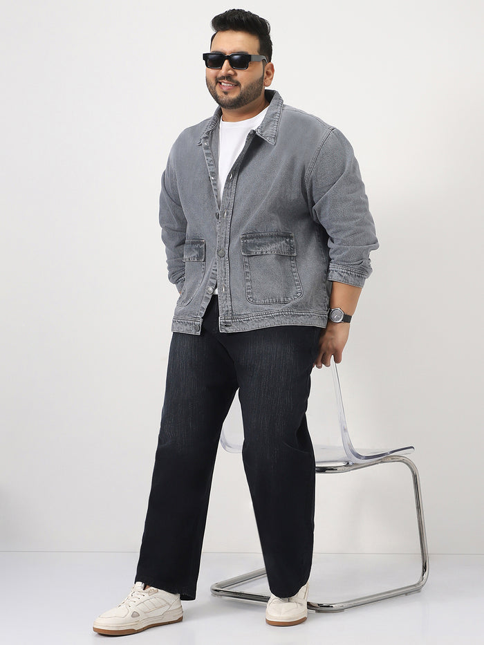 Plus Men's Grey Relaxed Fit Full Sleeve Utility Denim Jacket