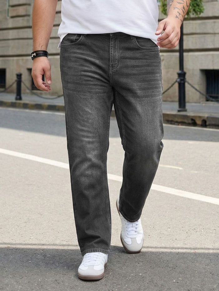 Plus Men's Grey Relaxed Fit Washed Denim Jeans Non-Stretchable