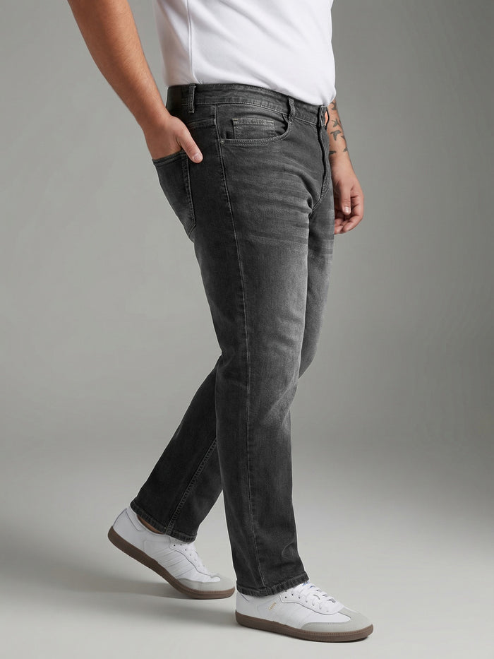 Plus Men's Grey Relaxed Fit Washed Denim Jeans Non-Stretchable
