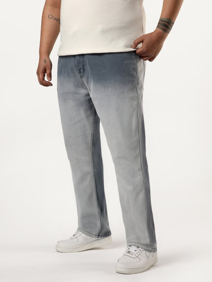 Plus Men's Grey Straight Fit Heavy Washed Faded Denim Jeans Stretchable