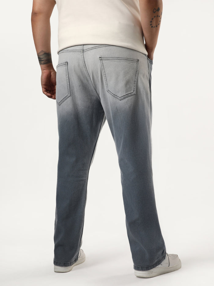 Plus Men's Grey Straight Fit Heavy Washed Faded Denim Jeans Stretchable