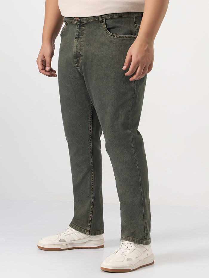 Plus Men's Grey Straight Fit Heavy Washed Jeans Stretchable