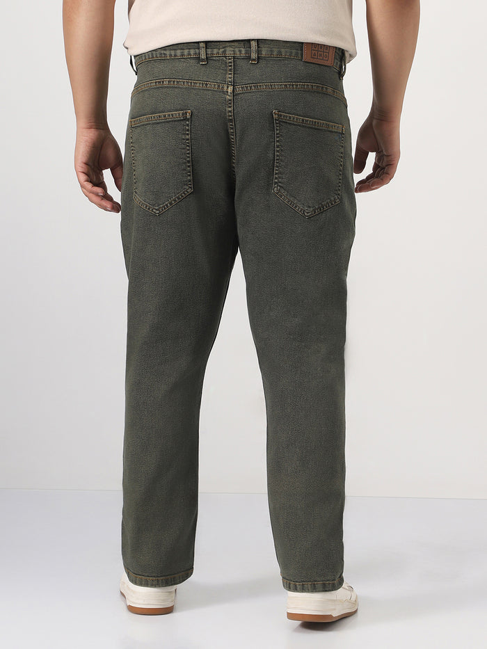 Plus Men's Grey Straight Fit Heavy Washed Jeans Stretchable