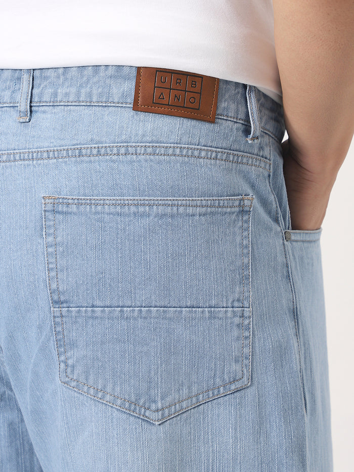 Plus Men's Ice Blue Loose Baggy Fit Washed Denim Jeans Non-Stretchable