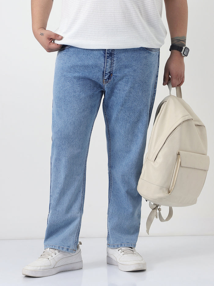 Plus Men's Ice Blue Slim Fit Washed Denim Jeans Stretchable