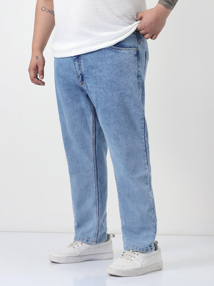 Plus Men's Ice Blue Slim Fit Washed Denim Jeans Stretchable