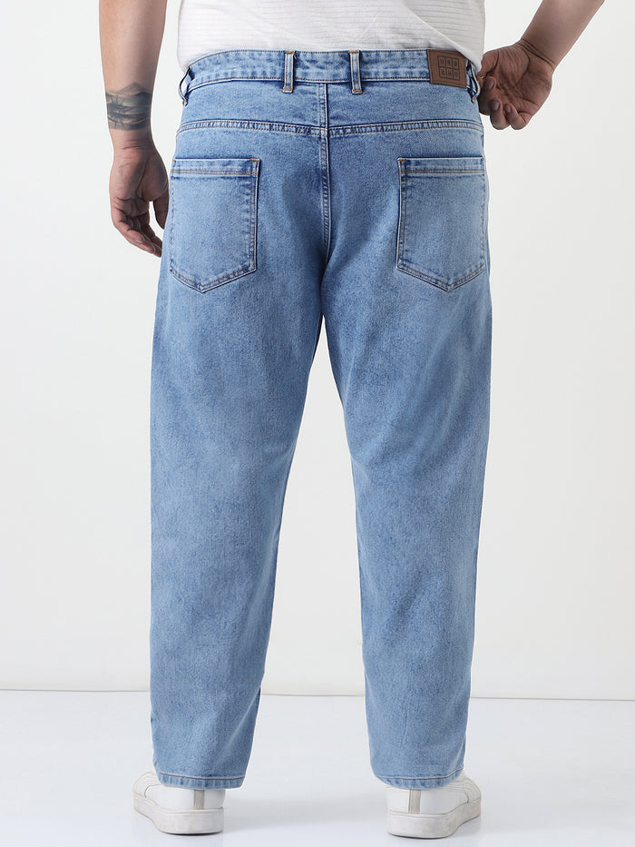 Plus Men's Ice Blue Slim Fit Washed Denim Jeans Stretchable