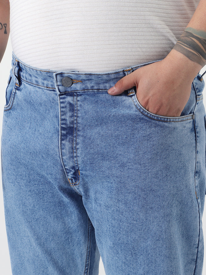 Plus Men's Ice Blue Slim Fit Washed Denim Jeans Stretchable
