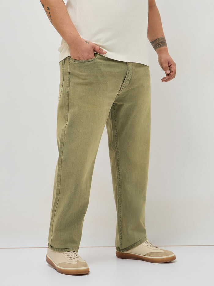 Plus Men's Ice Grey Regular Fit Whisker Washed Yellow Tint Denim Jeans Stretchable
