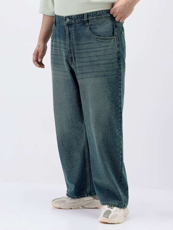 Plus Men's Light Blue Loose Baggy Fit Heavy Washed Jeans Non-Stretchable