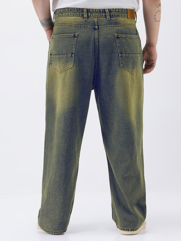 Plus Men's Light Blue Loose Baggy Fit Heavy Washed Jeans Non-Stretchable
