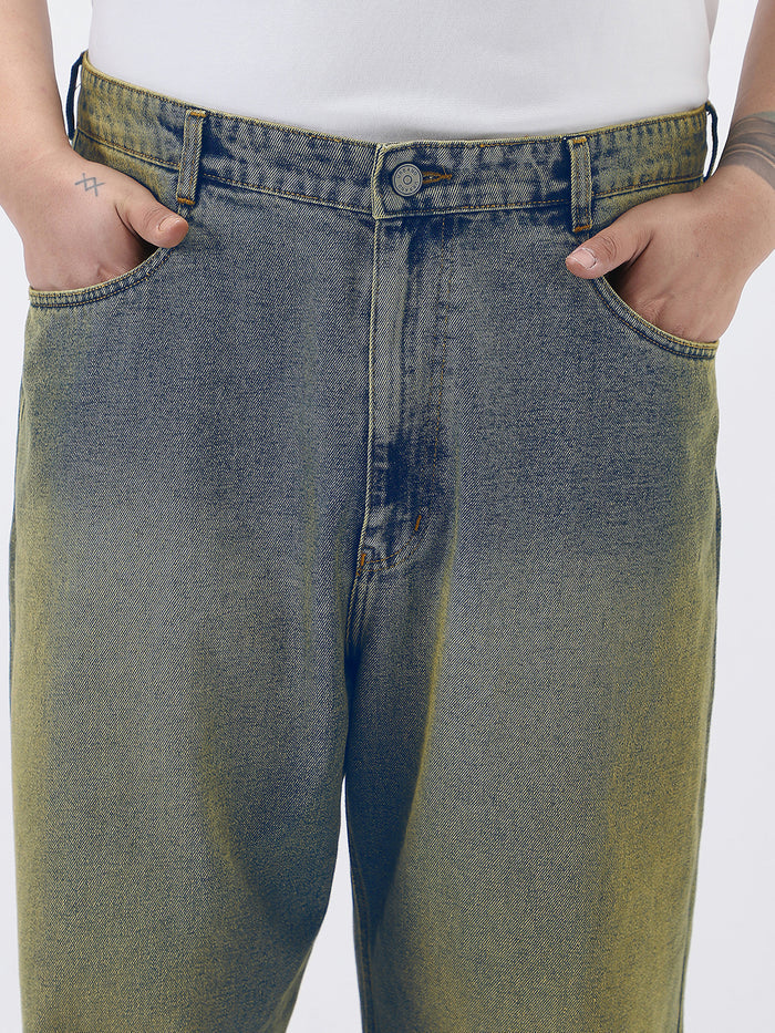 Plus Men's Light Blue Loose Baggy Fit Heavy Washed Jeans Non-Stretchable