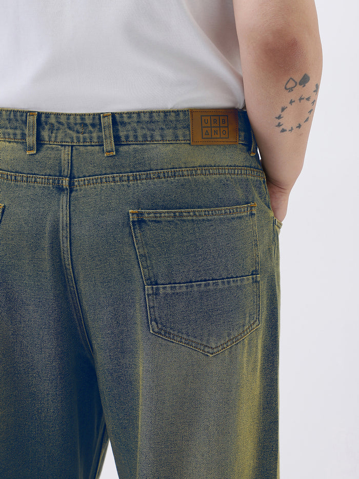 Plus Men's Light Blue Loose Baggy Fit Heavy Washed Jeans Non-Stretchable