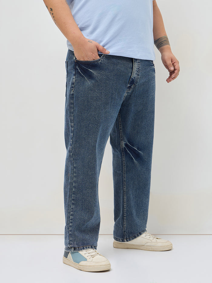 Plus Men's Light Blue Regular Fit Acid Washed Denim Jeans Stretchable