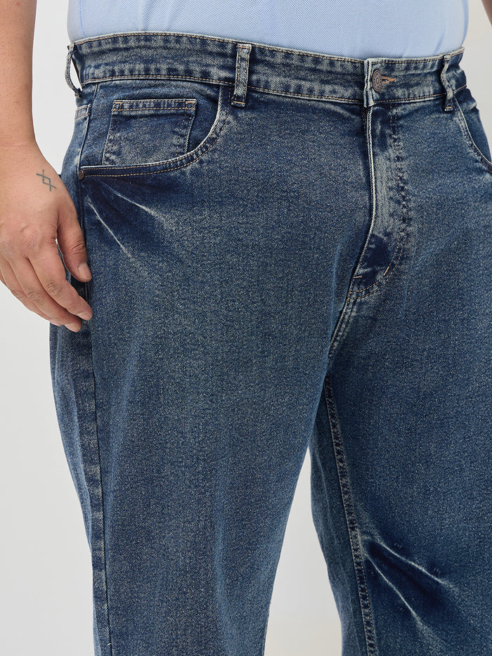 Plus Men's Light Blue Regular Fit Acid Washed Denim Jeans Stretchable