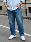 Plus Men's Light Blue Relaxed Fit Washed Denim Jeans Non-Stretchable